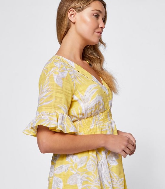 Tropical Print Flutter Sleeve Waisted Dress