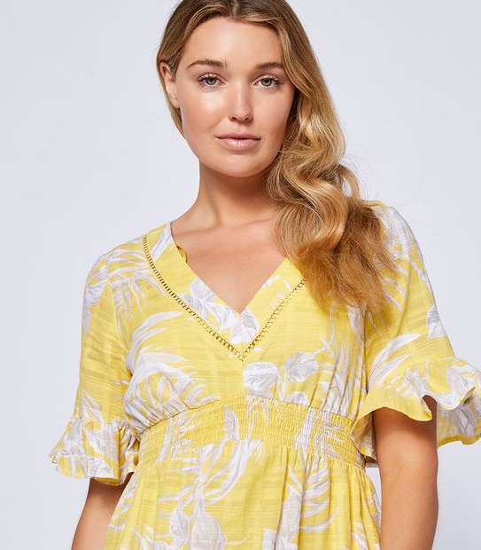 Tropical Print Flutter Sleeve Waisted Dress