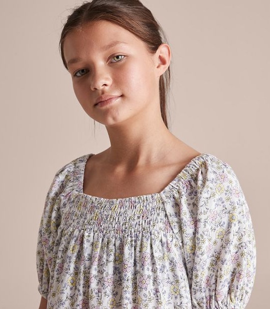 Linen Blend Floral Shirred Dress