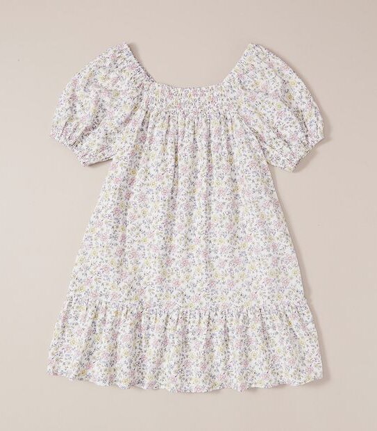 Linen Blend Floral Shirred Dress