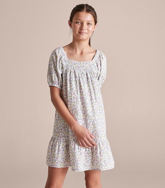 Linen Blend Floral Shirred Dress