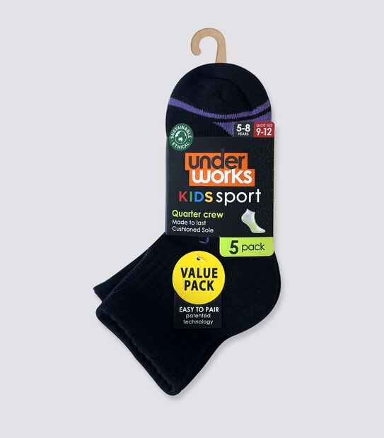 5 Pack Underworks Kids Qtr Crew Socks