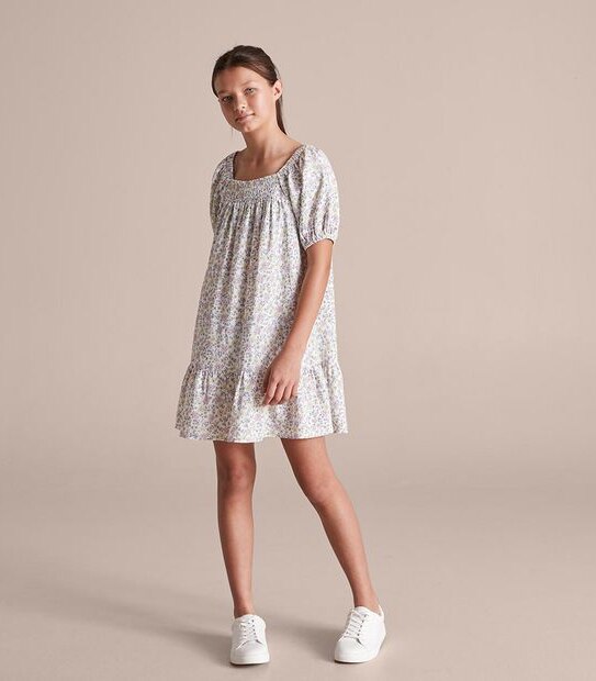 Linen Blend Floral Shirred Dress