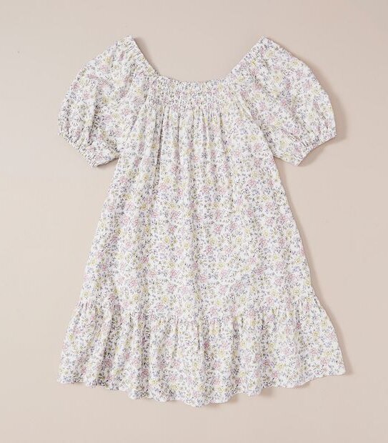 Linen Blend Floral Shirred Dress