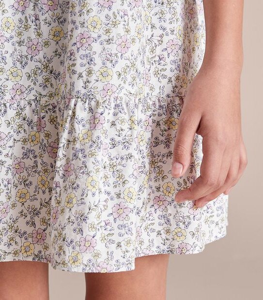 Linen Blend Floral Shirred Dress