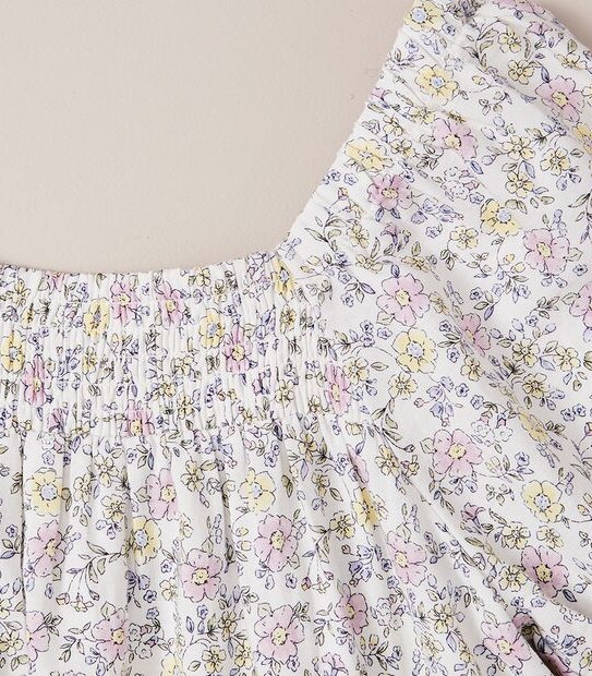 Linen Blend Floral Shirred Dress