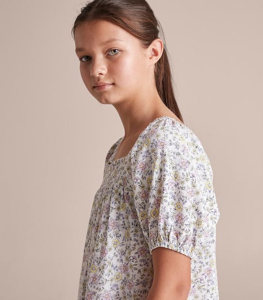 Linen Blend Floral Shirred Dress