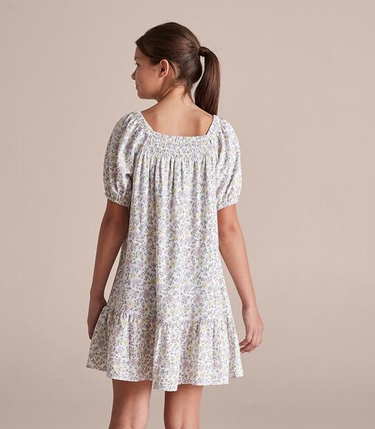 Linen Blend Floral Shirred Dress