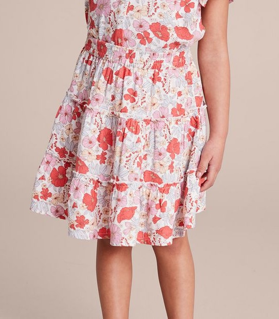 Linen Blend Floral Tiered Skirt