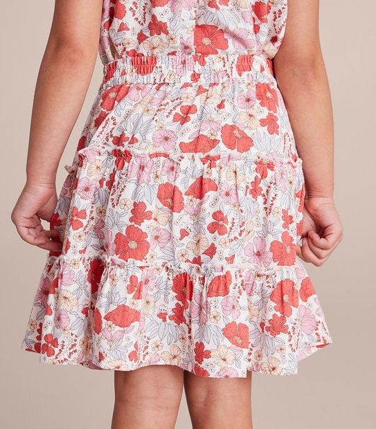 Linen Blend Floral Tiered Skirt