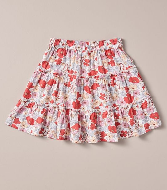 Linen Blend Floral Tiered Skirt
