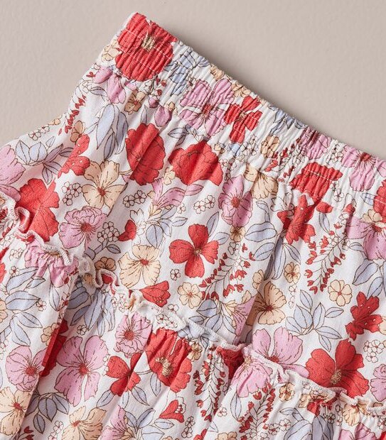 Linen Blend Floral Tiered Skirt