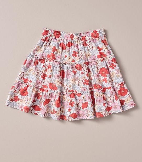 Linen Blend Floral Tiered Skirt