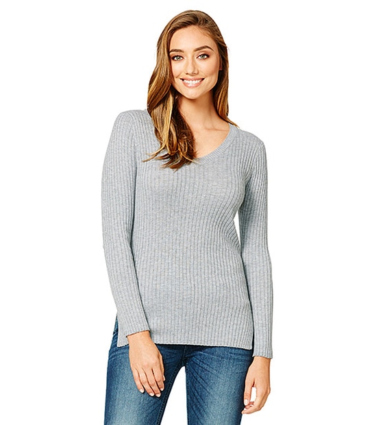 Rib V-Neck Jumper - Light Grey 1 of 5