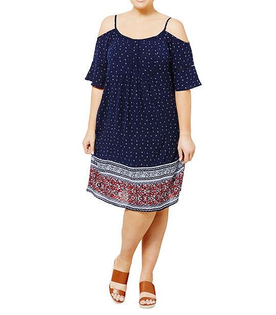 Belle Curve Border Print Off Shoulder Dress - Navy Blue
