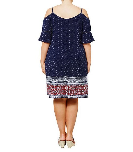 Belle Curve Border Print Off Shoulder Dress - Navy Blue