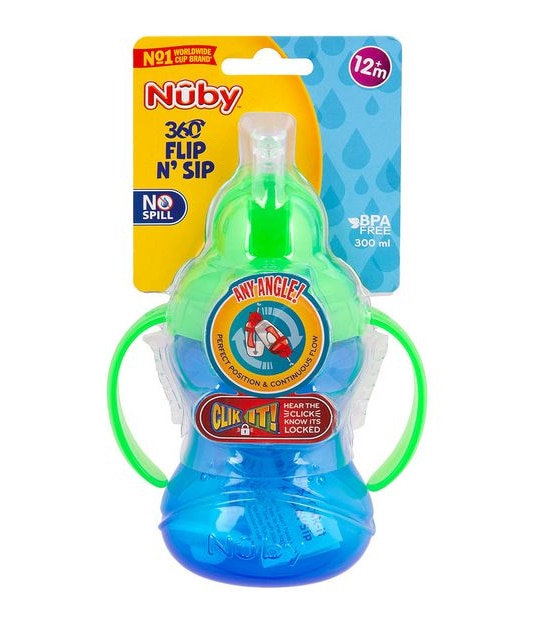 Nuby No Spill 360° Straw Flip N' Sip Twin Handle Cup 300ml - Assorted*