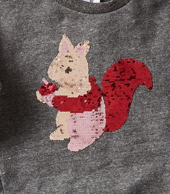 Reversible Sequin Squirrel Crew Neck Jumper - Dark Grey