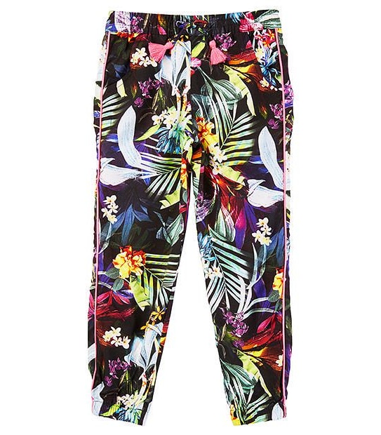 Tropical Flora Print Harem Pants With Neon Piping Trim