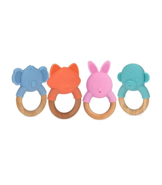 Nuby Animal Head Silicone & Wood Teether - Assorted*