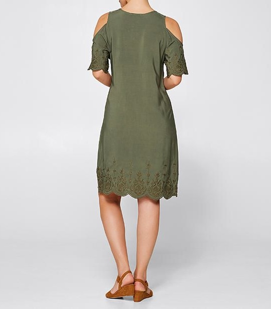 Embroidered Cold Shoulder Dress - Khaki Green