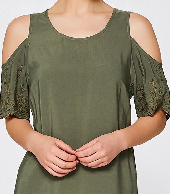 Embroidered Cold Shoulder Dress - Khaki Green