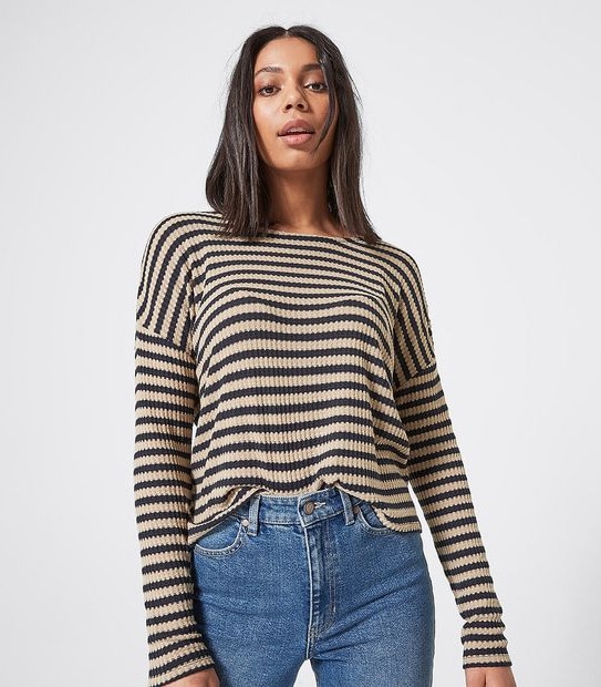 Lily Loves Long Sleeve V-Back Jumper - Navy Blue/Brown Stripe