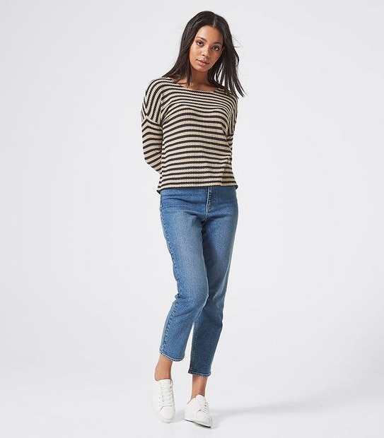 Lily Loves Long Sleeve V-Back Jumper - Navy Blue/Brown Stripe
