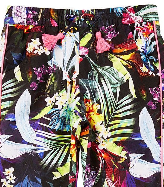 Tropical Flora Print Harem Pants With Neon Piping Trim