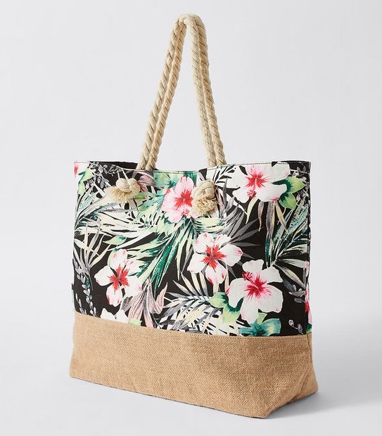 Canvas Printed Beach Tote Bag - Black Tropical