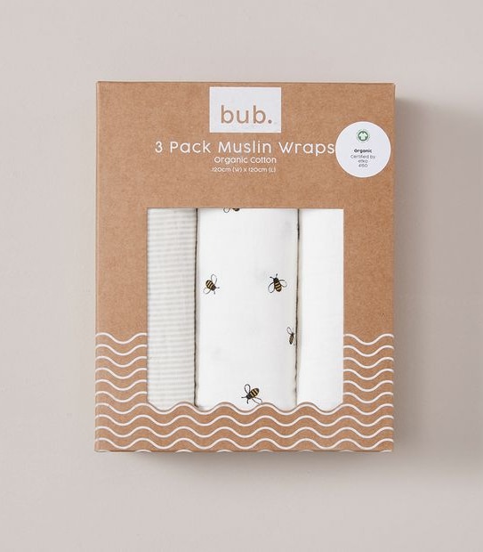 bub. 3 Pack Organic Cotton Muslin Wraps