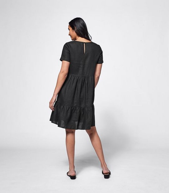 Short Sleeve European Linen Tiered Dress - Black
