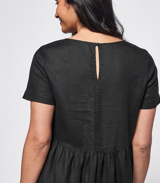 Short Sleeve European Linen Tiered Dress - Black