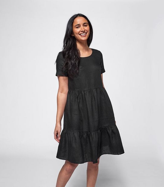 Short Sleeve European Linen Tiered Dress - Black