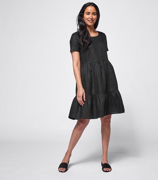 Short Sleeve European Linen Tiered Dress - Black