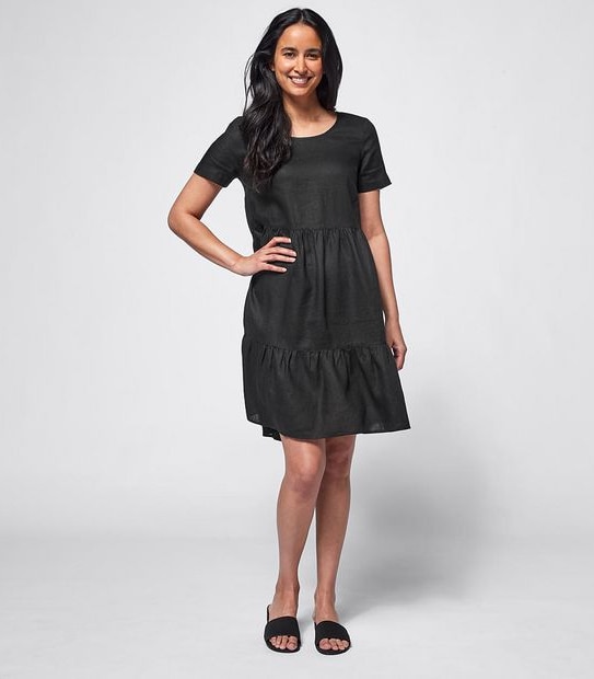 Short Sleeve European Linen Tiered Dress - Black