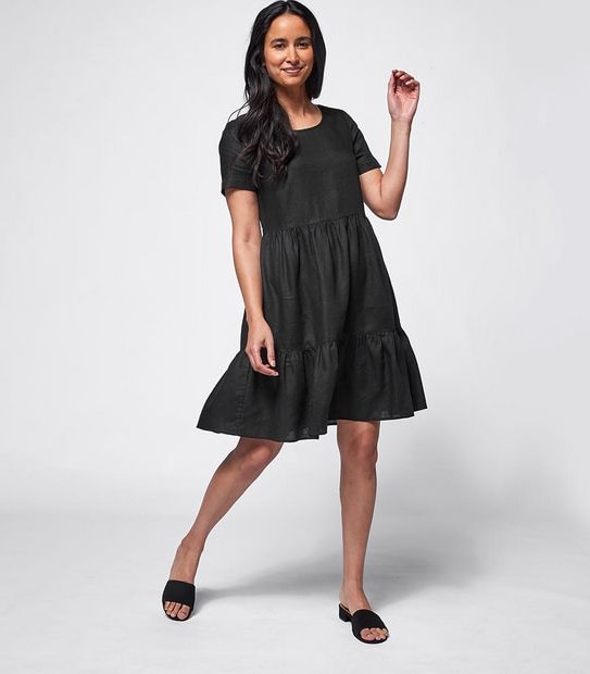 Short Sleeve European Linen Tiered Dress - Black