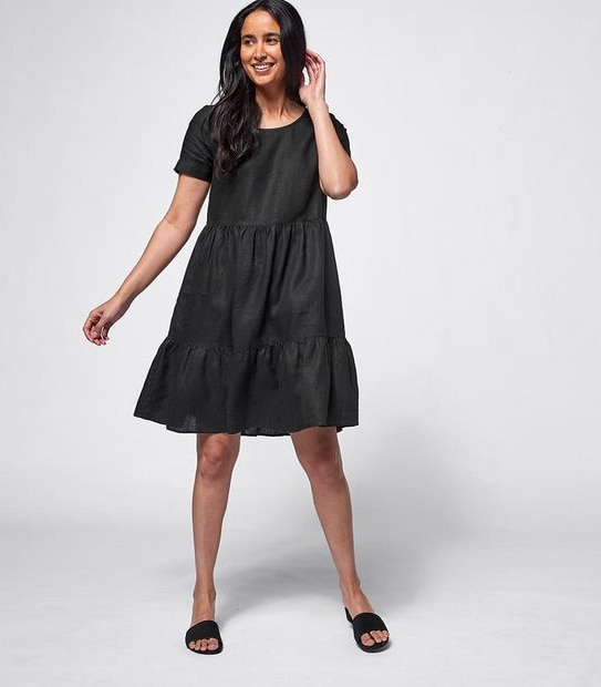 Short Sleeve European Linen Tiered Dress - Black