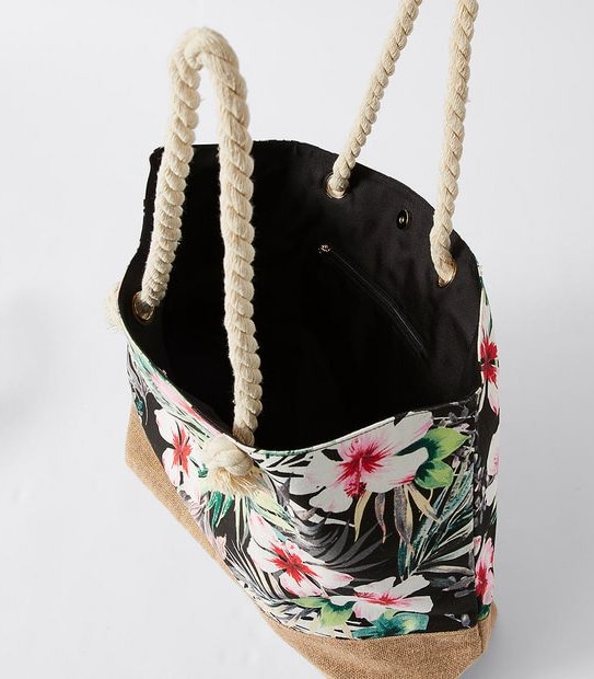 Canvas Printed Beach Tote Bag - Black Tropical