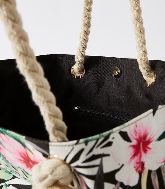 Canvas Printed Beach Tote Bag - Black Tropical