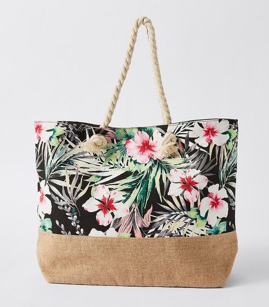 Canvas Printed Beach Tote Bag - Black Tropical