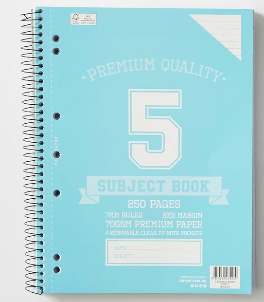 5 Subject Book 250 Pages Spiral Bound