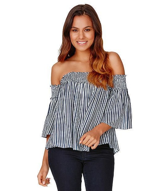 Dannii Minogue Petites Off  The Shoulder Top - White/ Blue