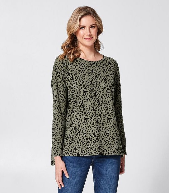 Oversized Boatneck Jumper - Textured Khaki Green Leopard