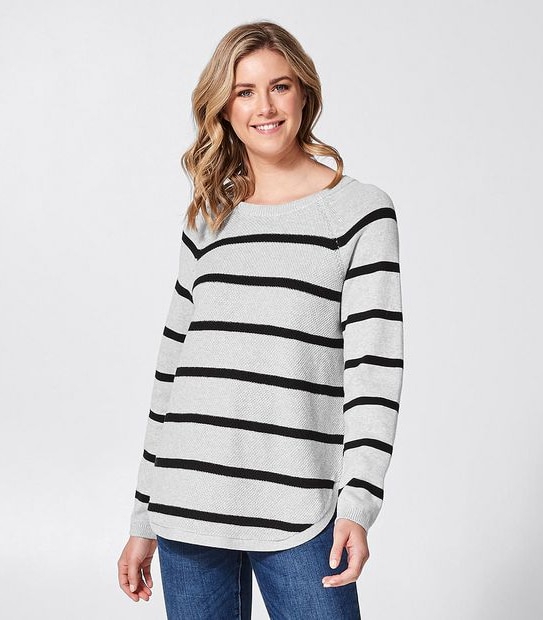 Curved Hem Crew Neck Jumper - Grey Marle/Black Stripe