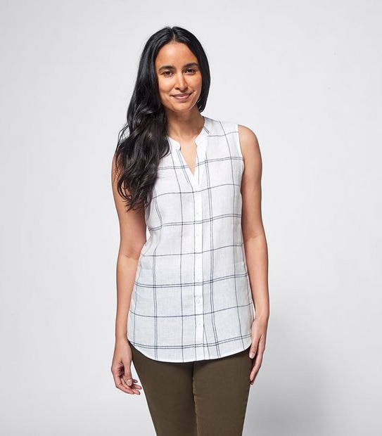 European Linen Sleeveless Shirt - White Check