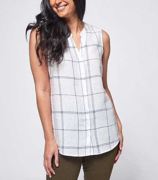 European Linen Sleeveless Shirt - White Check