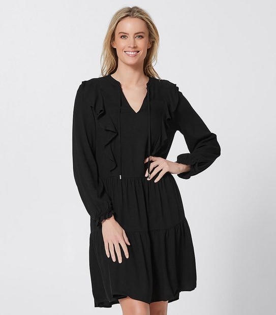 Long Sleeve Tiered Dress - Black