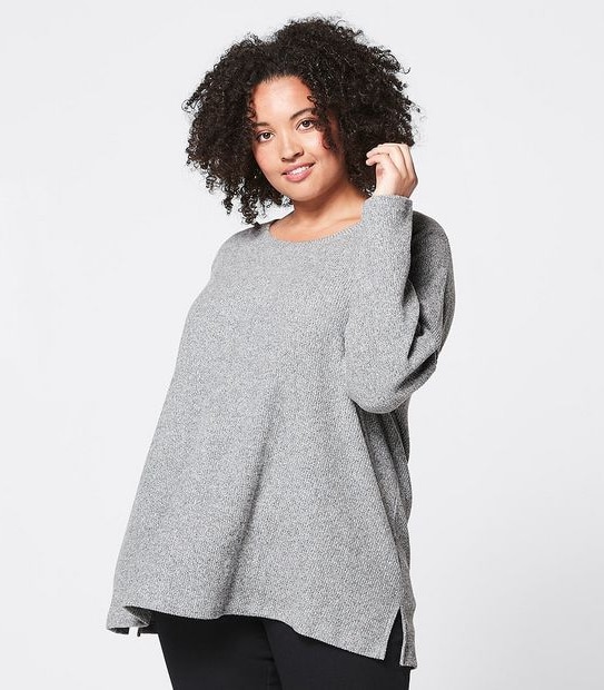 Belle Curve Button Shoulder Ribbed Top - Grey Marle