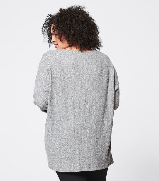 Belle Curve Button Shoulder Ribbed Top - Grey Marle